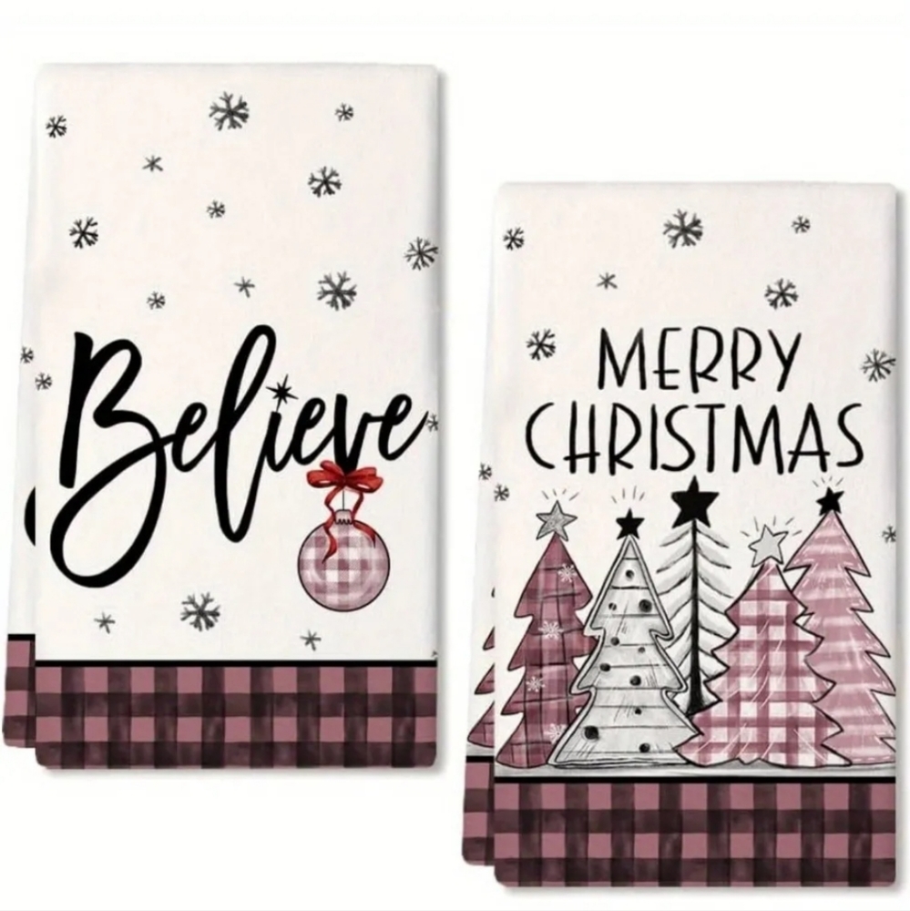 2pc Believe & Christmas Kitchen Hand Towels | Buffalo Plaid Holiday Dish Towels